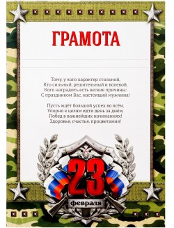 Грамота "23 февраля", камуфляж, с текстом, 21х29,7 см 4646453