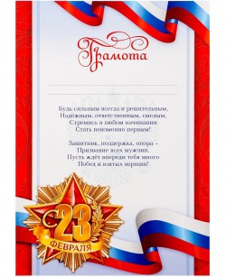 Грамота "23 февраля", РФ символика, с текстом, 21х29,7 см 4646452