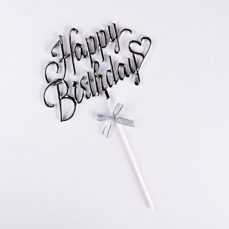 Топпер "Happy Birthday", серебряный, с бантиком, Дарим красиво 10123404