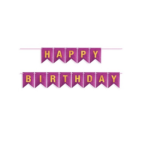 Гирлянда Флажки, Happy Birthday, Фуксия/Золото, Металлик, с блестками, 350 см, 17*12 см, 1 упак.