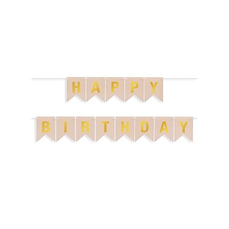 Гирлянда Флажки, Happy Birthday, Бежевый/Золото, Металлик, 500 см, 16*12 см, 1 упак.