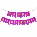 Гирлянда Флажки, Happy Birthday, Фуше/Золото, Голография, 350 см, 17*12 см, 1 упак.