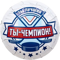 Шар фольгированный Круг, Хоккей, Ты Чемпион!, 46см
